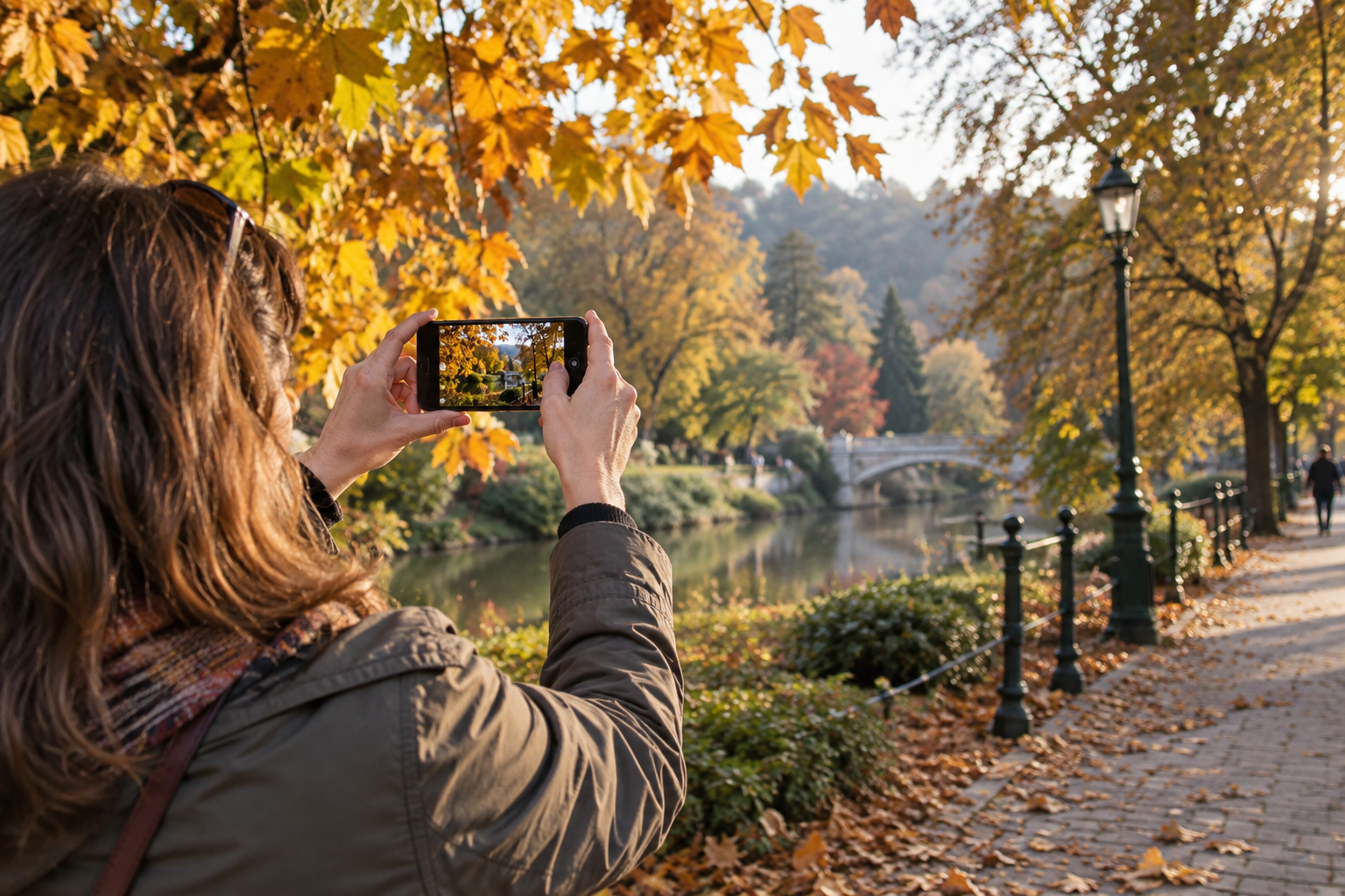Spaziergänger fotografiert Herbstblätter mit dem Handy neben einem Spazierweg im weichen Nachmittagslicht